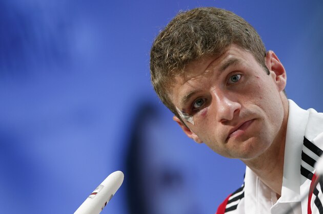 German national soccer player Thomas Mueller attends a news conference in Santo Andre near Porto Seguro, Brazil, Tuesday, June 24, 2014. Germany play in group G of the 2014 soccer World Cup. (AP Photo/Matthias Schrader)