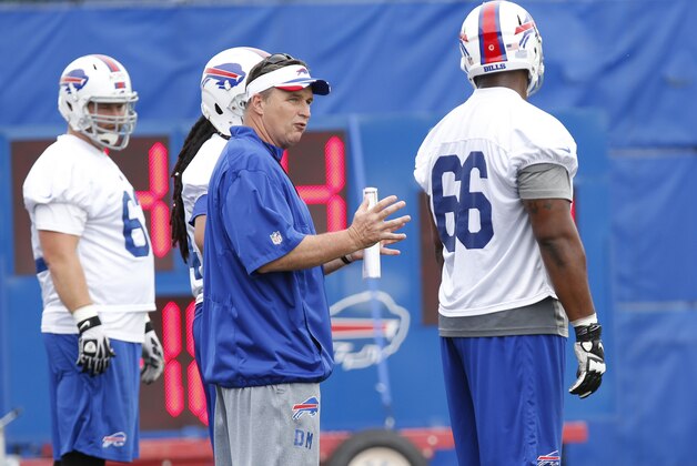 Jun 18, 2014; Buffalo, NY, USA; Buffalo Bills head coach Doug Marrone talks to rookie offensive lineman Seantrel Henderson (66) during the Bills Minicamp at Ralph Wilson Stadium. Mandatory Credit: Kevin Hoffman-USA TODAY Sports