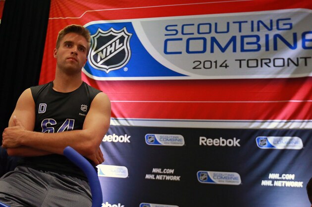 TORONTO, CANADA - MAY 31:  Prospect Aaron Ekblad performs a test during the NHL Combine May 31, 2014 at the International Centre in Toronto,  Ontario, Canada.  (Photo by Dave Sandford/Getty Images)