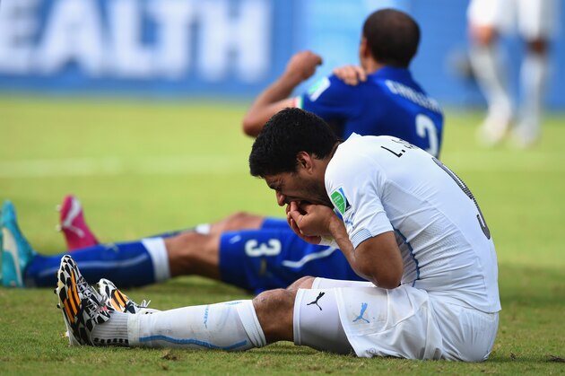 NATAL, BRAZIL - JUNE 24:  Luis Suarez of Uruguay and Giorgio Chiellini of Italy react after a clash during the 2014 FIFA World Cup Brazil Group D match between Italy and Uruguay at Estadio das Dunas on June 24, 2014 in Natal, Brazil.  (Photo by Matthias Hangst/Getty Images)