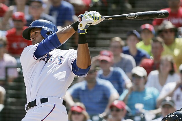 Texas Rangers Alex Rios during a baseball game against the Cleveland Indians, Sunday, June 8, 2014, in Arlington, Texas. Cleveland won 3-2. (AP Photo/Brandon Wade)