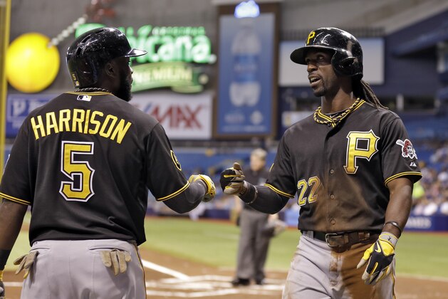Pittsburgh Pirates' Andrew McCutchen, right, shakes hands with on-deck batter Josh Harrison after scoring on an RBI single by Russell Martin during the first inning of an interleague baseball game  Monday, June 23, 2014, in St. Petersburg, Fla. (AP Photo/Chris O'Meara)