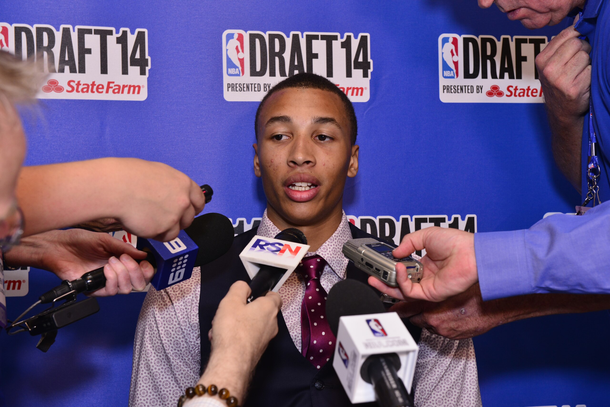 NEW YORK - JUNE 25: NBA Draft Prospect Dante Exum,  speaks to the media during media availability as part of the 2014 NBA Draft on June 25, 2014 at the Westin Times Square in New York City. NOTE TO USER: User expressly acknowledges and agrees that, by downloading and/or using this photograph, user is consenting to the terms and conditions of the Getty Images License Agreement.  Mandatory Copyright Notice: Copyright 2013 NBAE (Photo by David Dow/NBAE via Getty Images)