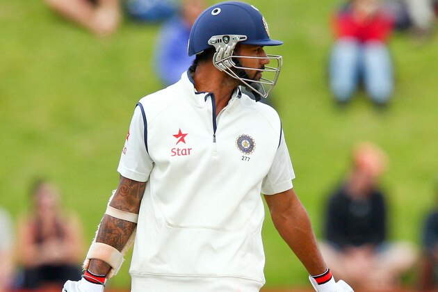 WELLINGTON, NEW ZEALAND - FEBRUARY 18:  Shikar Dhawan of India leaves the field after being dismissed during day five of the 2nd Test match between New Zealand and India on February 18, 2014 in Wellington, New Zealand.  (Photo by Hagen Hopkins/Getty Images)