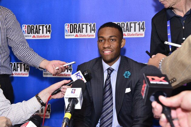NEW YORK - JUNE 25: NBA Draft Prospect Jabari Parker,  speaks to the media during media availability as part of the 2014 NBA Draft on June 25, 2014 at the Westin Times Square in New York City. NOTE TO USER: User expressly acknowledges and agrees that, by downloading and/or using this photograph, user is consenting to the terms and conditions of the Getty Images License Agreement.  Mandatory Copyright Notice: Copyright 2013 NBAE (Photo by David Dow/NBAE via Getty Images)