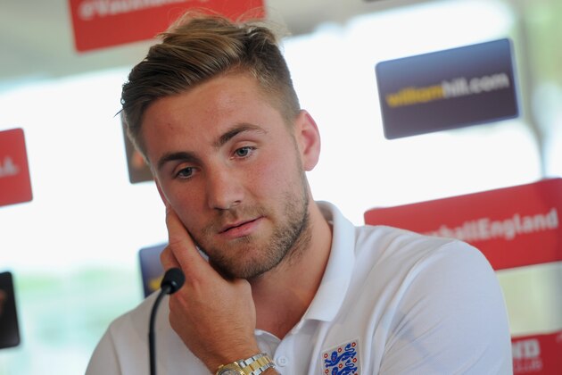 LAGOA, ALGARVE, PORTUGAL - MAY 21:  Luke Shaw speaks to the media after the England training session on May 21, 2014 in Lagoa, Algarve, Portugal.  (Photo by Michael Regan/Getty Images)