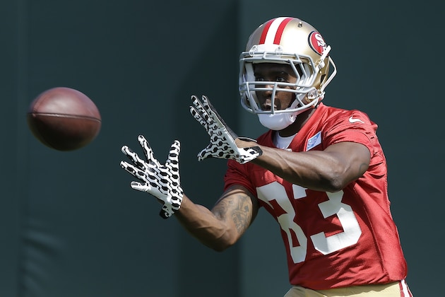 Wide receiver Jerry Rice Jr. practices during the San Francisco 49ers' NFL football rookie camp in Santa Clara, Calif., Friday, May 23, 2014. (AP Photo/Jeff Chiu)