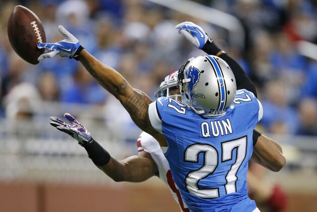 Detroit Lions strong safety Glover Quin (27) breaks up a pass intended for New York Giants wide receiver Rueben Randle during the second quarter of an NFL football game, Sunday, Dec. 22, 2013, in Detroit. (AP Photo/Rick Osentoski) Detroit Lions strong safety Glover Quin (27) breaks up a pass intended for New York Giants wide receiver Rueben Randle during the second quarter of an NFL football game, Sunday, Dec. 22, 2013, in Detroit. (AP Photo/Rick Osentoski)