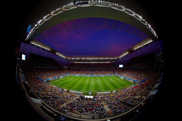 SAO PAULO, BRAZIL - JUNE 26:   (EDITORS NOTE: This image was taken using a fish eye lens.)  A general view of the stadium during the 2014 FIFA World Cup Brazil Group H match between South Korea and Belgium at Arena de Sao Paulo on June 26, 2014 in Sao Paulo, Brazil.  (Photo by Matthew Lewis/Getty Images)