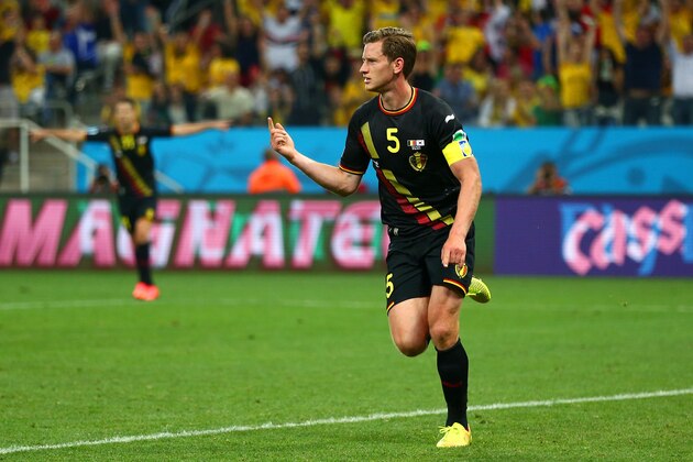 SAO PAULO, BRAZIL - JUNE 26:  Jan Vertonghen of Belgium celebrates scoring his team's first goal during the 2014 FIFA World Cup Brazil Group H match between South Korea and Belgium at Arena de Sao Paulo on June 26, 2014 in Sao Paulo, Brazil.  (Photo by Clive Brunskill/Getty Images)