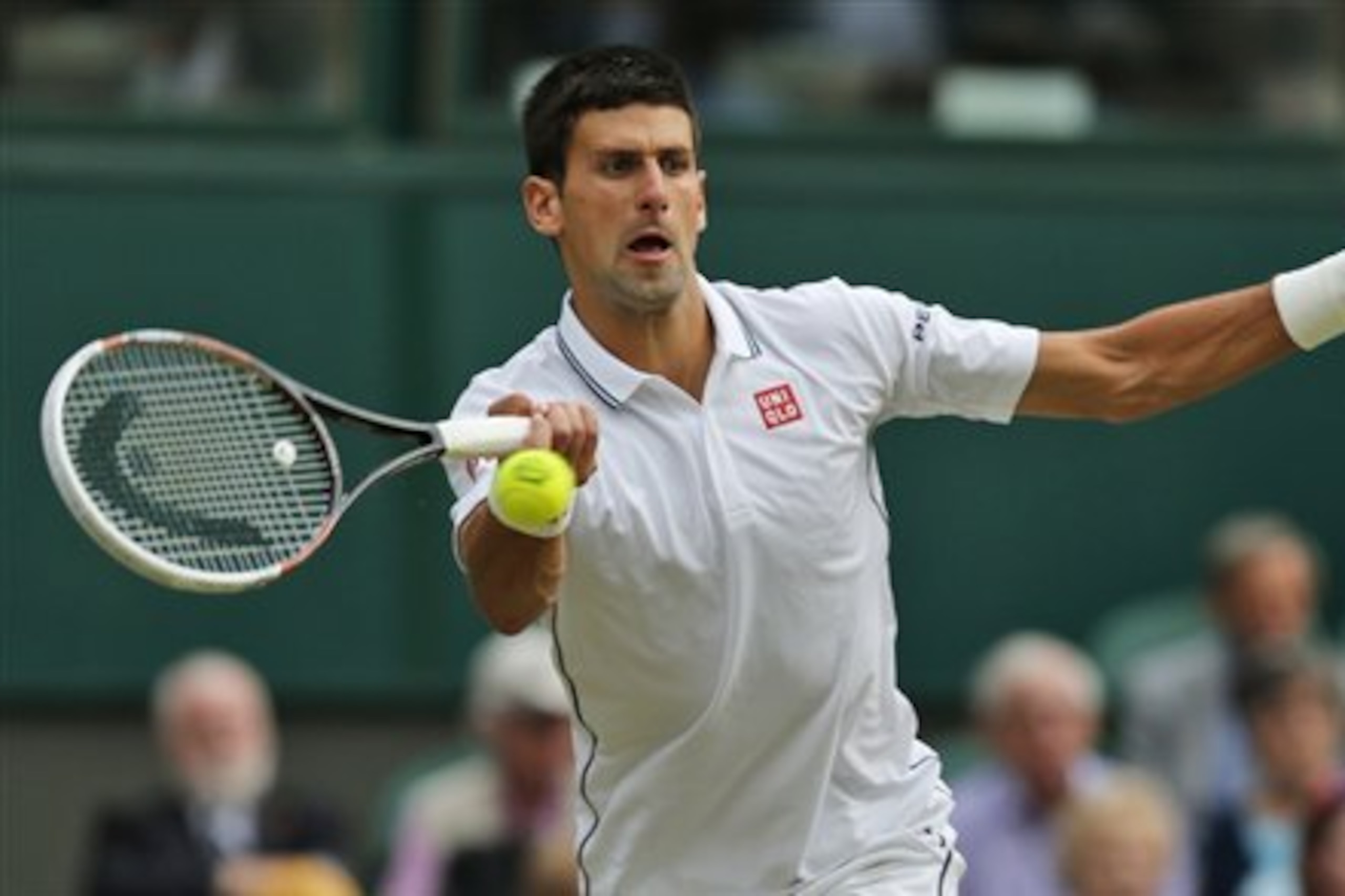 Novak Djokovic of Serbia returns to Radek Stepanek of Czech Republic during their men's singles match at the All England Lawn Tennis Championships in Wimbledon, London, Wednesday, June 25, 2014. (AP Photo/Ben Curtis)