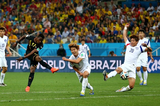 SAO PAULO, BRAZIL - JUNE 26:  Divock Origi of Belgium attempts a shot at goal during the 2014 FIFA World Cup Brazil Group H match between South Korea and Belgium at Arena de Sao Paulo on June 26, 2014 in Sao Paulo, Brazil.  (Photo by Clive Brunskill/Getty Images)