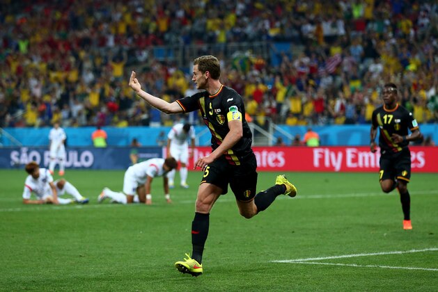 SAO PAULO, BRAZIL - JUNE 26:  Jan Vertonghen of Belgium celebrates scoring his team's first goal during the 2014 FIFA World Cup Brazil Group H match between South Korea and Belgium at Arena de Sao Paulo on June 26, 2014 in Sao Paulo, Brazil.  (Photo by Clive Brunskill/Getty Images)