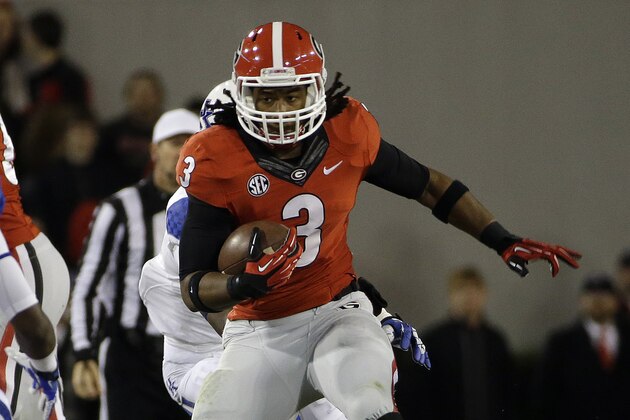Georgia running back Todd Gurley (3) runs in the first half of an NCAA college football game against Kentucky  Saturday, Nov. 23, 2013, in Athens., Ga. (AP Photo/John Bazemore)