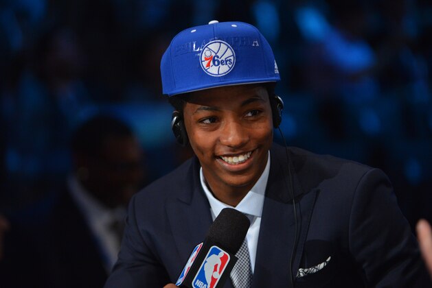 BROOKLYN, NY - JUNE 26: Elfrid Payton talks with the media after being selected number ten overall by the Philadelphia 76ers during the 2014 NBA Draft on June 26, 2014 at Barclays Center in Brooklyn, New York. NOTE TO USER: User expressly acknowledges and agrees that, by downloading and or using this photograph, User is consenting to the terms and conditions of the Getty Images License Agreement. Mandatory Copyright Notice: Copyright 2014 NBAE (Photo by Jesse. D. Garrabrant/NBAE via Getty Images)