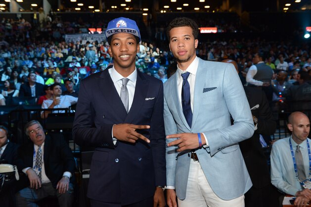 BROOKLYN, NY - JUNE 26: Elfrid Payton and Michael Carter-Williams pose for a photo after being selected number ten overall by the Philadelpjhia 76ers during the 2014 NBA Draft on June 26, 2014 at Barclays Center in Brooklyn, New York. NOTE TO USER: User expressly acknowledges and agrees that, by downloading and or using this photograph, User is consenting to the terms and conditions of the Getty Images License Agreement. Mandatory Copyright Notice: Copyright 2014 NBAE (Photo by Jesse. D. Garrabrant/NBAE via Getty Images)