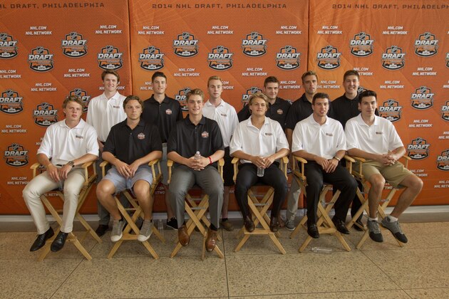 PHILADELPHIA, PA - JUNE 26: (L-R) Top row Thatcher Demko (far left), Brendan Perlini, Sam Bennett, Leon Draisaitl, Aaron Ekblad, Nick Ritchie (far right), and (the second row seated) Kasperi Kapanen (far left) Sam Reinhart, Jake Virtanen, William Nylander, Anthony DeAngelo, and Michael Dal Colle (far right) pose for a picture at the 2014 NHL Draft - Top Prospects Media Availability event on June 26, 2014 at The National Constitution Center in Philadelphia, Pennsylvania. (Photo by Mitchell Leff/Getty Images)