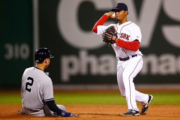BOSTON, MA - APRIL 24:  Xander Bogaerts #2 of the Boston Red Sox plays against the New York Yankees during the game at Fenway Park on April 24, 2014 in Boston, Massachusetts.  (Photo by Jared Wickerham/Getty Images)
