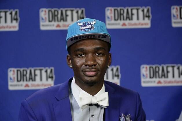 BROOKLYN - JUNE 26: Noah Vonleh of the Charlotte Hornets, the Number nine pick in the 2014 NBA Draft speaks with the media on June 26, 2014 at the Barclays Center in Brooklyn New York. NOTE TO USER: User expressly acknowledges and agrees that, by downloading and/or using this photograph, user is consenting to the terms and conditions of the Getty Images License Agreement.  Mandatory Copyright Notice: Copyright 2014 NBAE (Photo by Steve Freeman/NBAE via Getty Images)
