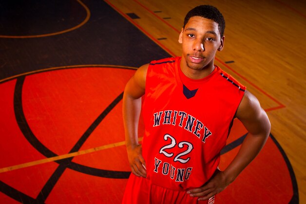 Apr. 3, 2013; Chicago, IL, USA; Varsity basketball team member Jahlil Okafor poses at Whitney M. Young Magnet High School in Chicago. Okafor, a 6 foot 10 inch junior who plays the center position, is poised to become one of the top basketball recruits for college teams in the country. Mandatory Credit: Guy Rhodes-USA TODAY Sports