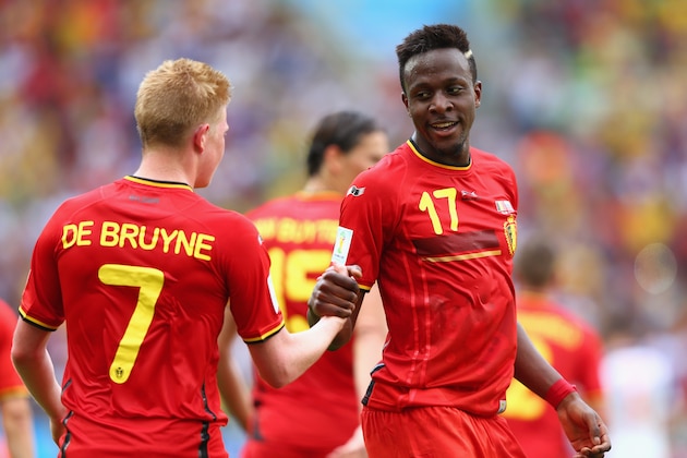 RIO DE JANEIRO, BRAZIL - JUNE 22:  Divock Origi of Belgium (right) celebrates scoring his team's first goal with Kevin De Bruyne during the 2014 FIFA World Cup Brazil Group H match between Belgium and Russia at Maracana on June 22, 2014 in Rio de Janeiro, Brazil.  (Photo by Jamie Squire/Getty Images)