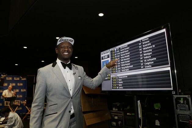 BROOKLYN - JUNE 26 : Julius Randle of the Los Angeles Lakers, the 7th pick in the 2014 NBA Draft looks on June 26, 2014 at the Barclays Center in Brooklyn New York. NOTE TO USER: User expressly acknowledges and agrees that, by downloading and/or using this photograph, user is consenting to the terms and conditions of the Getty Images License Agreement.  Mandatory Copyright Notice: Copyright 2014 NBAE (Photo by Steve Freeman/NBAE via Getty Images)