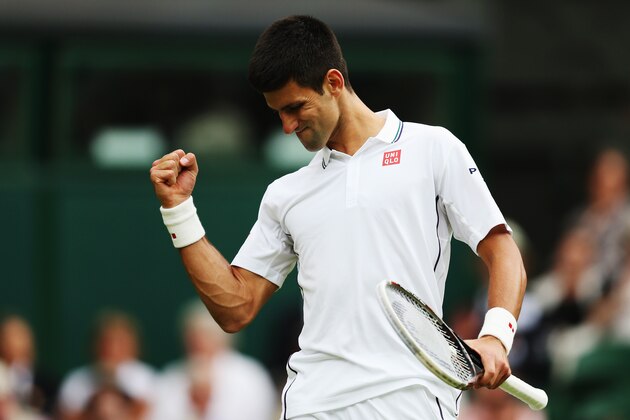 LONDON, ENGLAND - JUNE 25:  Novak Djokovic of Serbia celebrates during his Gentlemen's Singles second round match against Radek Stepanek of Czech Republic on day three of the Wimbledon Lawn Tennis Championships at the All England Lawn Tennis and Croquet Club at Wimbledon on June 25, 2014 in London, England.  (Photo by Steve Bardens/Getty Images)