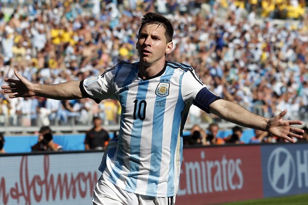 Argentina's Lionel Messi celebrates after scoring during the group F World Cup soccer match between Argentina and Iran at the Mineirao Stadium in Belo Horizonte, Brazil, Saturday, June 21, 2014. Argentina won 1-0. (AP Photo/Jon Super)