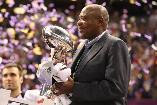 Feb 3, 2013; New Orleans, LA, USA; Baltimore Ravens general manger Ozzie Newsome celebrates with the Vince Lombardi Trophy after defeating the San Francisco 49ers 34-31 in Super Bowl XLVII at the Mercedes-Benz Superdome. Mandatory Credit: Matthew Emmons-USA TODAY Sports