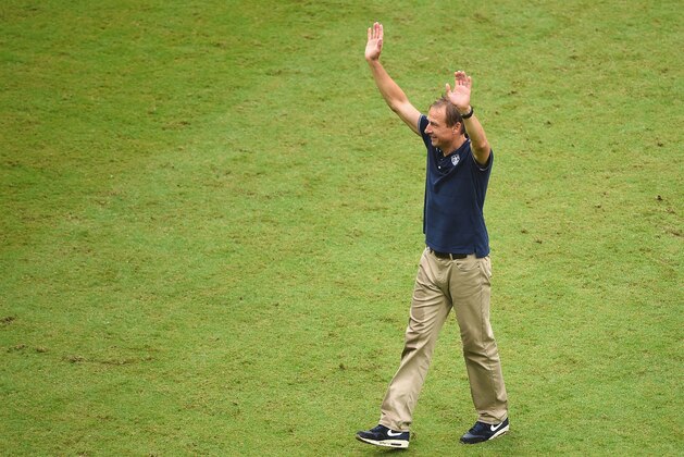 RECIFE, BRAZIL - JUNE 26:  Head coach Jurgen Klinsmann of the United States waves to the fans after the 2014 FIFA World Cup Brazil group G match between the United States and Germany  at Arena Pernambuco on June 26, 2014 in Recife, Brazil.  (Photo by Laurence Griffiths/Getty Images)