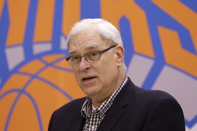 New York Knicks president Phil Jackson speaks during a news conference in Tarrytown, N.Y., Tuesday, June 10, 2014. The Knicks hired Derek Fisher as their new coach on Tuesday, with Jackson turning to one of his trustiest former players. (AP Photo/Seth Wenig)