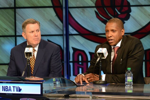 TORONTO, CANADA - June 5:  MLSE President & CEO Tim Leiweke introduces new Toronto Raptors GM Masai Uijiri during a press conference on June 5, 2013 at the Air Canada Centre in Toronto, Ontario, Canada.  NOTE TO USER: User expressly acknowledges and agrees that, by downloading and or using this Photograph, user is consenting to the terms and conditions of the Getty Images License Agreement.  Mandatory Copyright Notice: Copyright 2013 NBAE (Photo by Ron Turenne/NBAE via Getty Images)