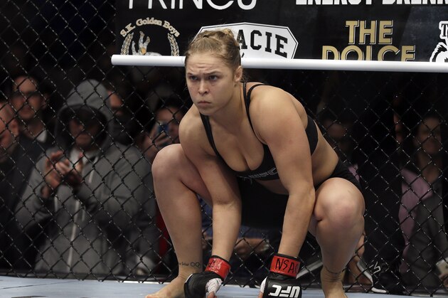 Ronda Rousey prepares for a UFC 170 mixed martial arts women's bantamweight title fight against Sara McMann on Saturday, Feb. 22, 2014, in Las Vegas. (AP Photo/Isaac Brekken)