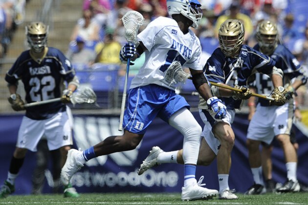 Duke's Myles Jones, left is pressured by Notre Dame's Chris Prevoznik in the first half of an NCAA championship lacrosse game Monday, May 26, 2014, in Baltimore.(AP Photo/Gail Burton)