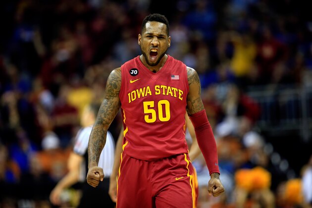 KANSAS CITY, MO - MARCH 14:  DeAndre Kane #50  of the Iowa State Cyclones celebrates as Iowa State Cyclones defeats Kansas Jayhawks 94-83 to win the Big 12 Basketball Tournament semifinal game at Sprint Center on March 14, 2014 in Kansas City, Missouri.  (Photo by Jamie Squire/Getty Images)