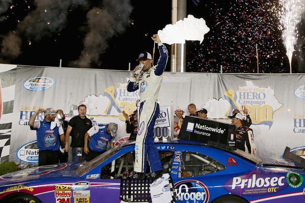 SPARTA, KY - JUNE 27:  Kevin Harvick, driver of the #5 Kroger/P&G Chevrolet, celebrates in Victory Lane after winning the NASCAR Nationwide Series John R. Elliott HERO Campaign 300 at Kentucky Speedway on June 27, 2014 in Sparta, Kentucky.  (Photo by Todd Warshaw/Getty Images)