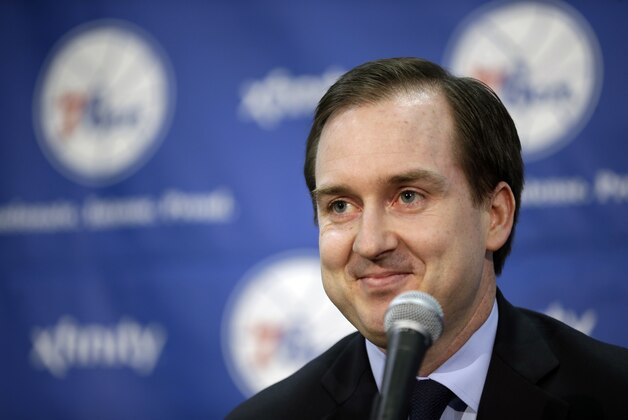 Philadelphia 76ers general manager Sam Hinkie smiles during a news conference at the team's NBA basketball practice facility, Friday, June 28, 2013, in Philadelphia. (AP Photo/Matt Slocum)