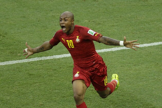 Ghana's Andre Ayew celebrates scoring his side's first goal during the group G World Cup soccer match between Germany and Ghana at the Arena Castelao in Fortaleza, Brazil, Saturday, June 21, 2014. (AP Photo/Themba Hadebe)