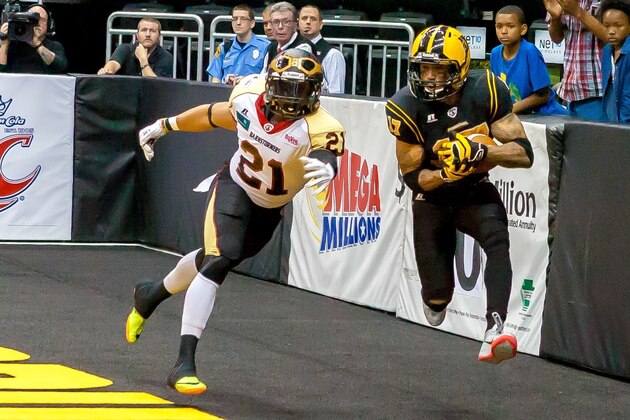 Pittsburgh Power receiver Rodney Wright hauls in one of his four touchdowns against the Iowa Barnstormers June 20.