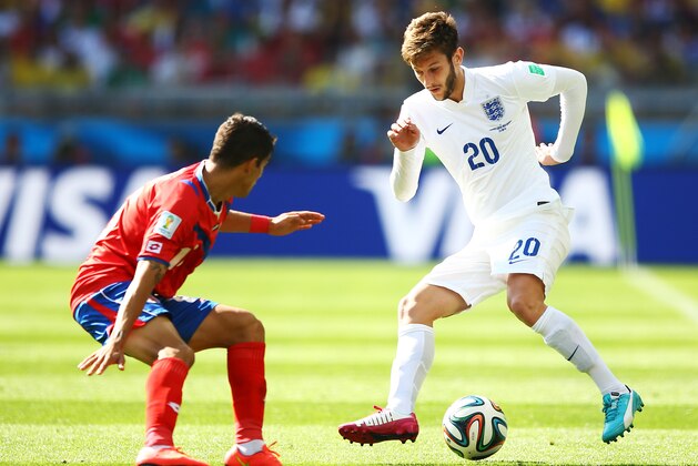 BELO HORIZONTE, BRAZIL - JUNE 24:  Adam Lallana of England controls the ball against Oscar Duarte of Costa Rica during the 2014 FIFA World Cup Brazil Group D match between Costa Rica and England at Estadio Mineirao on June 24, 2014 in Belo Horizonte, Brazil.  (Photo by Richard Heathcote/Getty Images)