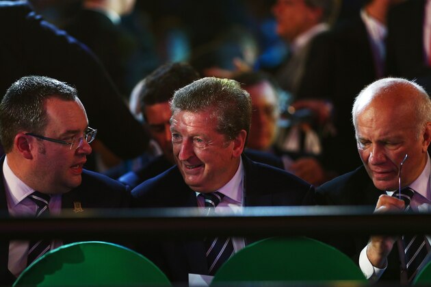 COSTA DO SAUIPE, BRAZIL - DECEMBER 06:  England manager Roy Hodgson (C), FA Chairman Greg Dyke (R) and FA General Secretary Alex Horne attend the Final Draw for the 2014 FIFA World Cup Brazil at Costa do Sauipe Resort on December 6, 2013 in Costa do Sauipe, Bahia, Brazil.  (Photo by Clive Mason/Getty Images)