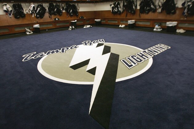 TAMPA, FL - JANUARY 9:  A view of the Tampa Bay Lightning log on the floor in the locker room of the Tampa Bay Lightning on the night of their NHL game against the Pittsburgh Penguins at the St. Pete Times Forum on January 9, 2007 in Tampa, Florida. The Lightning defeated the Penguins 3-2. (Photo by Bruce Bennett/Getty Images)
