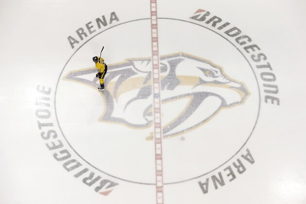 Nashville Predators forward Patric Hornqvist, of Sweden, skates over the Predators logo in the first period of an NHL hockey game against the Los Angeles Kings Saturday, Dec. 28, 2013, in Nashville, Tenn. (AP Photo/Mark Humphrey)