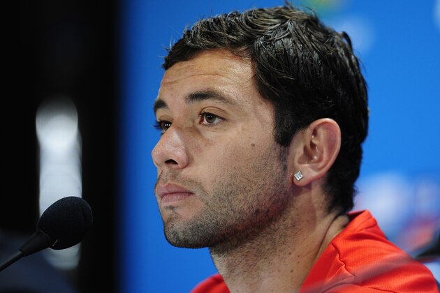 Chile's Eugenio Mena attends an official press conference the day before the World Cup soccer match between Chile and Brazil at the Mineirao stadium in Belo Horizonte, Brazil, Friday, June 27, 2014. (AP Photo/Manu Fernandez)