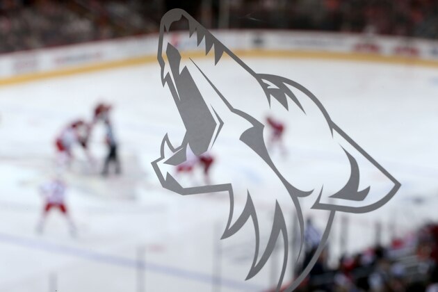 GLENDALE, AZ - DECEMBER 14:  A Coyote's logo is depicted on a glass railing as the Phoenix Coyotes face off against the Carolina Hurricanes during the NHL game at Jobing.com Arena on December 14, 2013 in Glendale, Arizona.  (Photo by Christian Petersen/Getty Images)