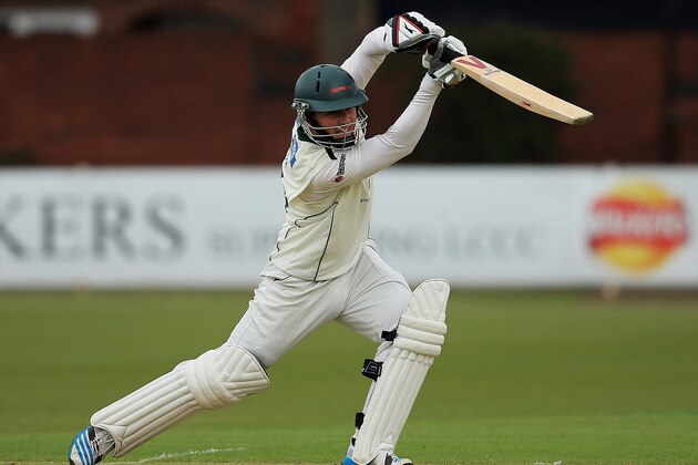LEICESTER, ENGLAND - APRIL 27:  Greg Smith of Leicestershire hits the ball towards the boundary during day one of the LV County Championship match between Leicestershire and Glamorgan at Grace Road on April 27, 2014 in Leicester, England. (Photo by Matthew Lewis/Getty Images)