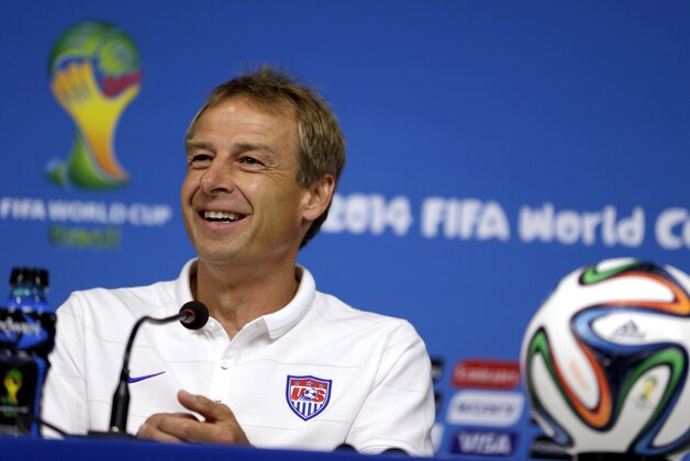 United States' head coach Jurgen Klinsmann attends a press conference before a training session in Recife, Brazil, Wednesday, June 25, 2014. The U.S. will play Germany in group G of the 2014 soccer World Cup on June 26. (AP Photo/Julio Cortez)
