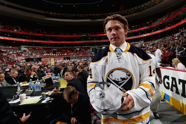 PHILADELPHIA, PA - JUNE 28:  Brendan Lemieux meets his team after being selected #31 by the Buffalo Sabres on Day Two of the 2014 NHL Draft at the Wells Fargo Center on June 28, 2014 in Philadelphia, Pennsylvania.  (Photo by Bruce Bennett/Getty Images)