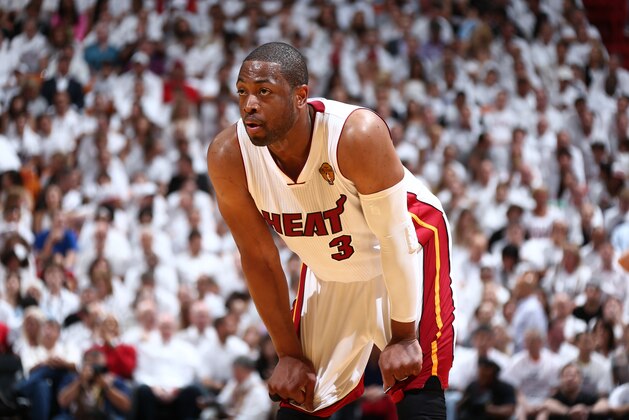 MIAMI, FL - JUNE 10: Dwyane Wade #3 of the Miami Heat isolated during Game Three of the 2014 NBA Finals at American Airlines Arena in Miami, Florida on June 10, 2014.  NOTE TO USER: User expressly acknowledges and agrees that, by downloading and or using this photograph, User is consenting to the terms and conditions of the Getty Images License Agreement. Mandatory Copyright Notice: Copyright 2014 NBAE  (Photo by Nathaniel S. Butler/NBAE via Getty Images)
