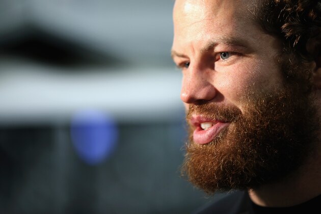AUCKLAND, NEW ZEALAND - JUNE 25:  UFC Fighter Nate Marquardt speaks to the media during a New Zealand Warriors NRL training session at Mt Smart Stadium on June 25, 2014 in Auckland, New Zealand.  (Photo by Jason Oxenham/Getty Images)